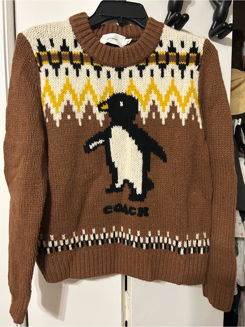 Coach Brown Crewneck Sweater with Penguin Intarsia and Fair Isle Accents